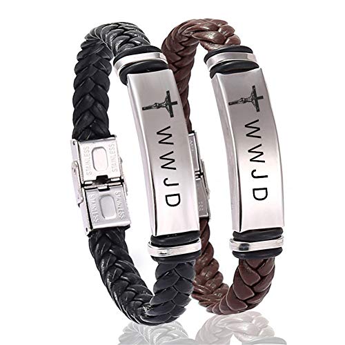 2 Stück W.W.J.D Armband für Männer, Edelstahl geflochtenes Leder Jesus Kreuz Armband WWJD Armbänder Christlicher religiöser Schmuck für die Taufe Meditation Kommunion Geschenk, 2 Packungen Cover