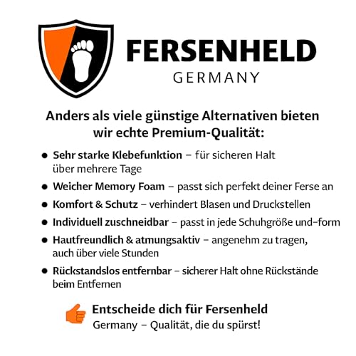 Fersenheld Premium Fersenpolster gegen Blasen & Rutschen [3 Paar] – Atmungsaktiver Fersenschutz – Weiche, hautfreundliche Schuheinlagen für zu große oder scheuernde Schuhe.
