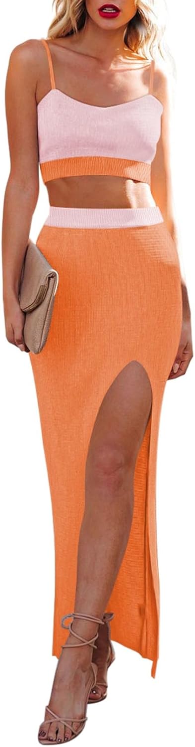 Cutiefox Women's Knit 2 Piece Dress Cami Crop Top High Side Slit Bodycon Long Skirt Set Small Orange Colorblock