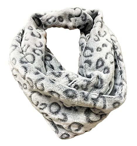 J26 Kuschelig Warmer Winter Loop Schal Fleece Schlauchschal Rundschal Kinderloop mit Leopard Muster (Grau), Umfang: 160 cm, Breite: 18cm