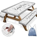 Britown Picnic Table Cover with Bench Covers Elastic Edges, Farm Plaid Fitted Table Cover, Outdoor Patio Camping Essentials 72 Inch 3PCS, Waterproof Camping Fitted Tablecloth with Drawstring Bag