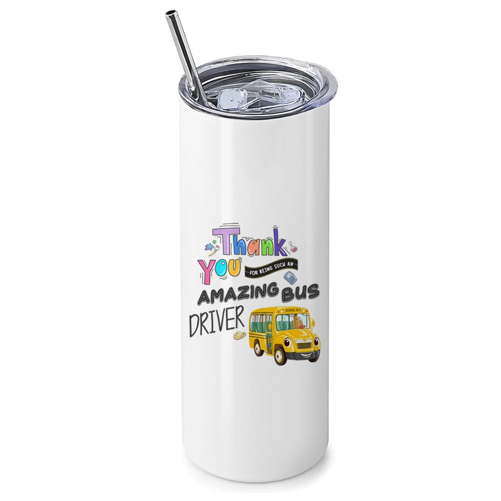 Getagift School Bus Driver Gift, Thank You for Being Such an Amazing Bus Driver, 20 OZ Stainless Steel Skinny Tumbler, Double Walled Vacuum Insulated with Closed Lid and Metal Straw.