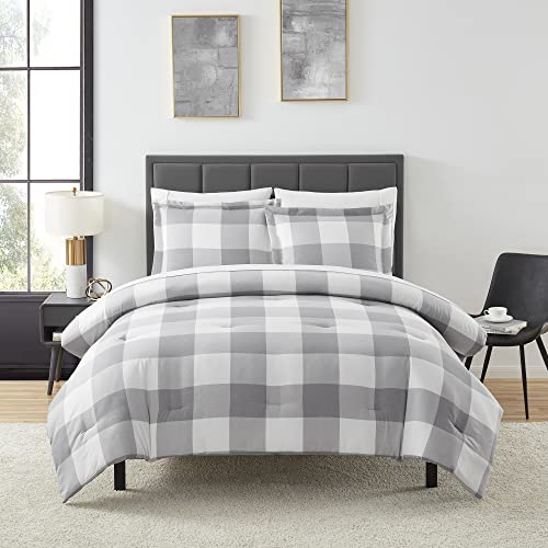 7 Piece Comforter Set Bag Solid Color All Season Soft Down Alternative Blanket & Luxurious Microfiber Bed Sheets, Queen, Checkered Box