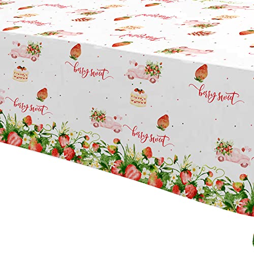 Image of Xigejob Strawberry Party Tablecloth Decorations, Disposable Summer Fruit Berry Sweet Theme Strawberry Table Cover for Birthday Baby Shower,3 Pack, 54in x 108in