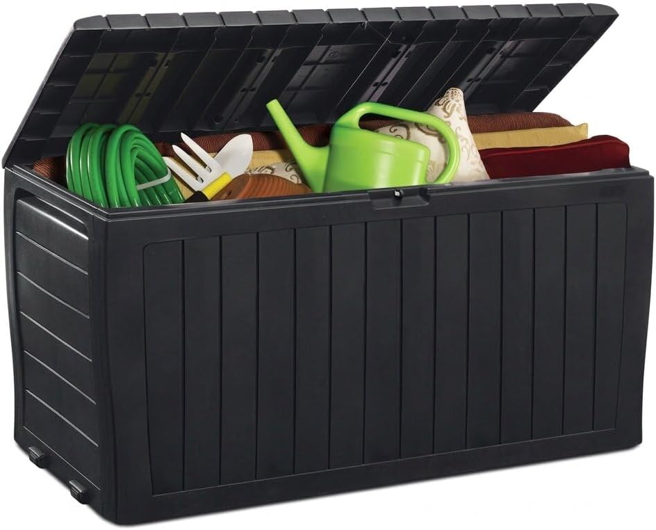 Marvel+ by KETER | 270 Litre Garden Storage Box for Garden Furniture, Shoe Storage | Weather Resistant Parcel Box, Fade-Free Toy Storage | Maintenance-Free Tool Box | Wood Effect | Anthracite