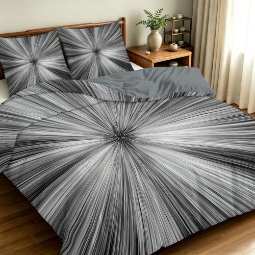 Housse de couette en microfibre brossée douce 220x240 cm, parure de lit grise aux lignes graphiques - 3