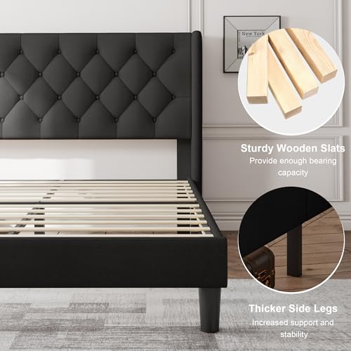 Image of Feonase King Size Bed Frame with Wingback Tufted Headboard, Upholstered Platform Bed Frame with Heavy Duty Wooden Slats Support, Noise-Free, No Box Spring Needed, Easy Assembly, Black