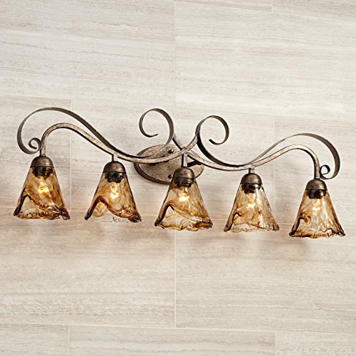 Image of Franklin Iron Works Amber Scroll Rustic Vintage Wall Mount Light Golden Bronze Silver Metal 37 1 /4 inch Wide 5-Light Vanity Fixture Organic Art Glass Shades Decor for Bathroom Over Mirror House Home