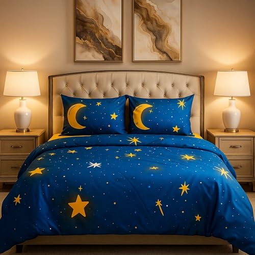 Image of Famyo King Size Bedsheet Set with 2 Pillow Covers, 250 TC Fitted Bedsheet & Comforter Cover (4pc Set) - Home Decor, 72x78 inches Kids Bed Sheet, Cute Moon & Stars Design - Blue, Yellow | 4-Piece Set, 250 TC Fitted Bedsheet, Comforter Cover & 2 Pillow Covers, 72 x 78 in, Blue & Yellow Kids Bedding