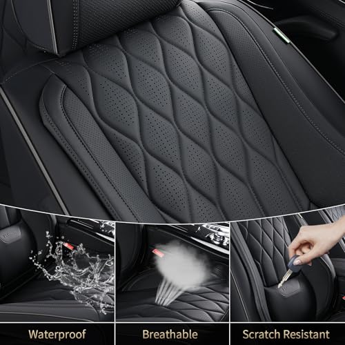 Image of FLORICH Leather Seat Covers Full Set with Lumbar Support Black Car Seat Cover Waterproof Car Seat Cushion 5 Seats Full Coverage Seat Protector Universal Fit for Most Cars Sedans Trucks SUV, Black