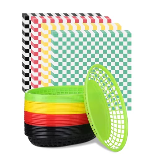Dualshine 40Pack Reusable Plastic Food Baskets with 100 Liners Bread Fry Plastic Fast Food Baskets for Chicken Hot Dogs Fries Sandwiches and Picnic Party (Multiple Colors)