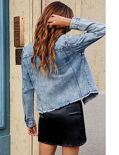 luvamia Denim Jacket for Women Distressed Jean Jackets Button Up Vintage Western Trucker Jacket Frayed Hem Pockets2