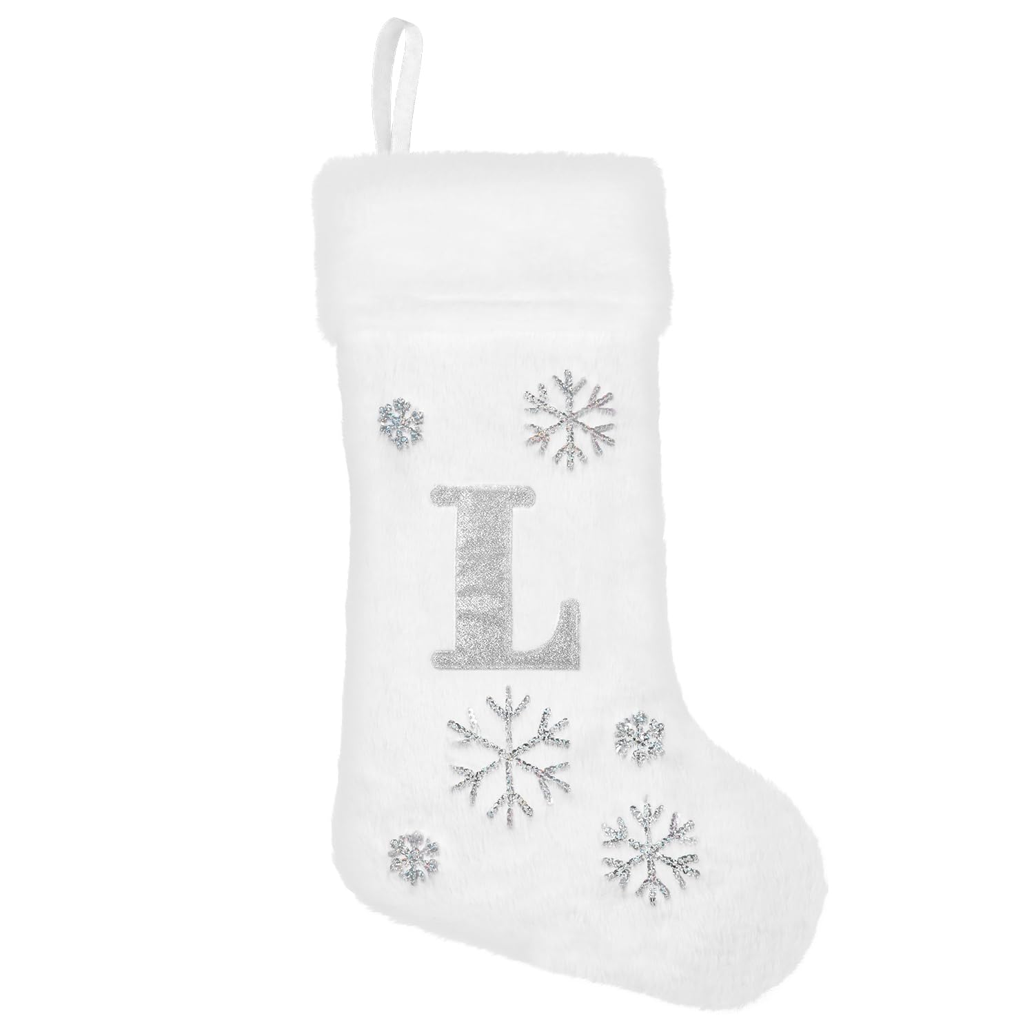 Grand bas de Noël personnalisé lettre L à offrir, velours blanc et peluche argentée DERAYEE