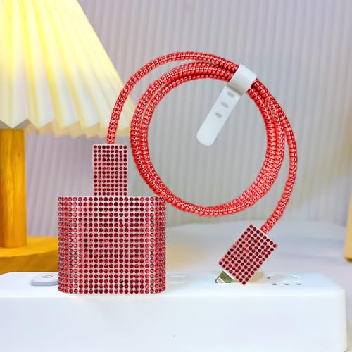 Étui de luxe rouge pailleté pour chargeur iPhone et câble