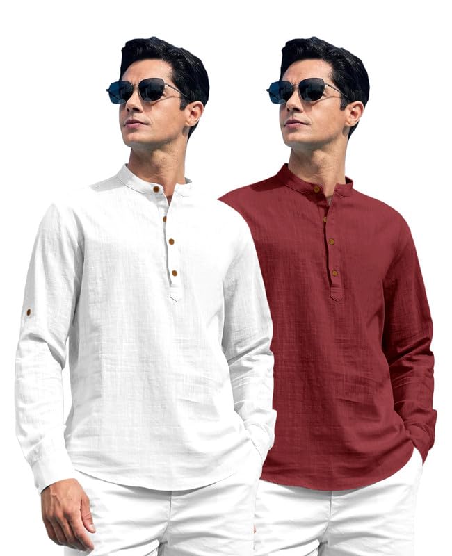 Image of ROYALSCOUT Combo of Men's Solid Cotton Blend Full Sleeve Straight Kurta Shirt (Pack of 2)