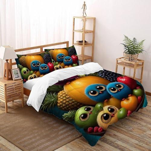 Housse de couette King chouette et fruits en microfibre avec 2 taies - 2