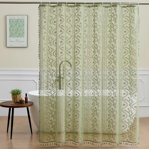 WAZZIO Sage Green Lace Shower Curtain - Vintage Pretty Floral Sheer Shower Curtains Elegant Decorative Tassel Bath Curtains for Bathroom 72 x 72 Inch 1 Piece