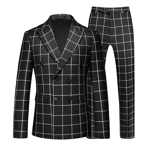MOGU Men's Plaid Tuxedo Suit - Double Breasted 2-Piece Checkered Set with Suit Jacket and Pants for Prom and Wedding