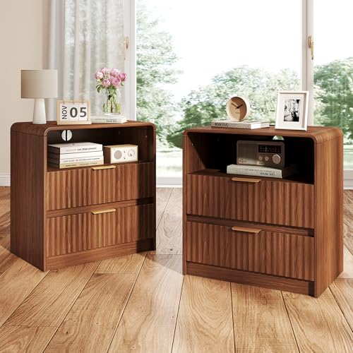 Limirix Fluted Nightstand Set of 2, Bedside Table with Charging