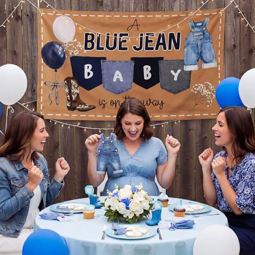 Fanfanwin 71" x 43" a Blue Jean Baby Is on The Way Backdrop Blue Jean Baby Shower Decorations Denim Cowboy Themed Gender Reveal Banner Decor Photography Background for Newborn Shower Party Decoration by Fanfanwin - Used condition - Image 6