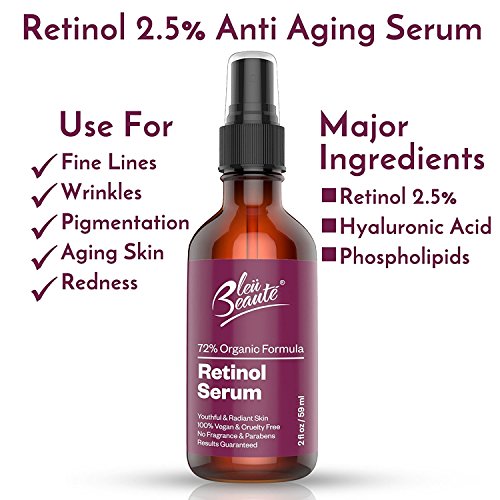 Retinol Serum (2.5%) by Bleu Beauté - High potency anti-aging and anti-wrinkle moisturizing serum - for spots and wrinkles (2 OZ)