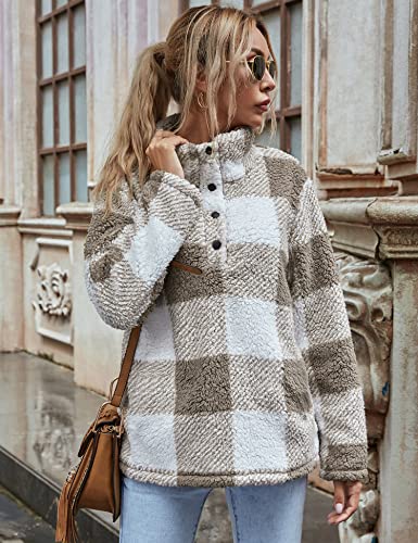 AKEWEI Women Faux Fleece Sweatshirt Fuzzy Button Pullover Coat with Pocket4