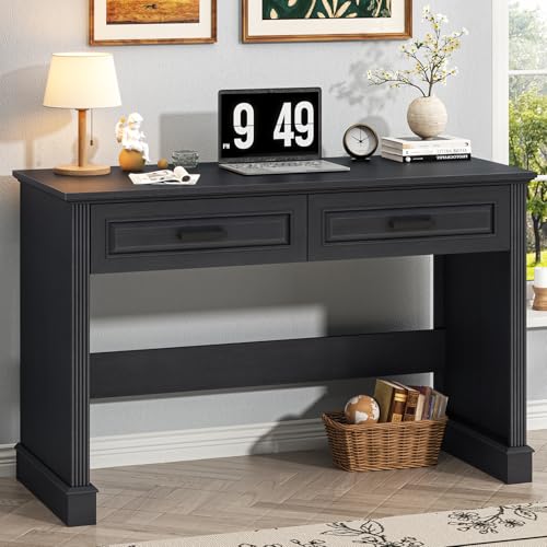 Halitaa Farmhouse Executive Desk, 48 Inch Computer Desk with 2 Drawers, Simple Home Office Writing Desk Workstation for Bedroom Study Small Spaces, Black