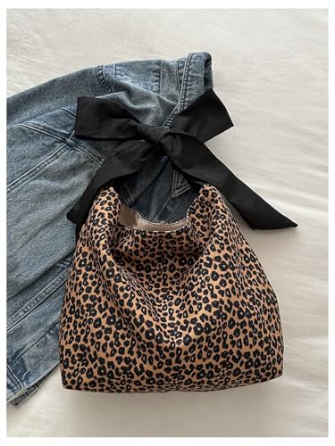 Image of QWINEE Women's Y2K Leopard Print Tote Handbag Casual Cheetah Print Canvas Shoulder Bag Bow Underarm Bag Brown One-Size