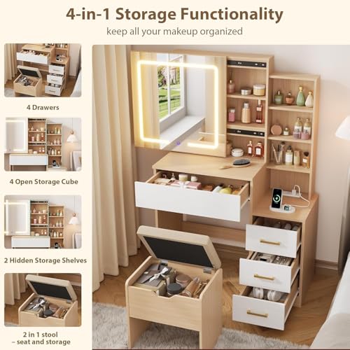 Garvee Makeup Vanity Table with Mirror, 3 Lighting Colors, Adjustable Brightness, Drawer & Shelves, Power Strip Included by Garvee - Image 5