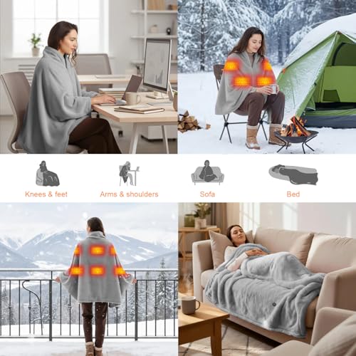 160x90cm Heizdecke Kabellos mit 16000mAh Akku, Waschbar Flanell Heizdecke zum Anziehen mit 6 Heizzonen und 3 Temperaturstufen, USB Elektrische Wärmedecke für Sofa, Büro, Reisen, Camping (Grau)