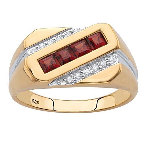 Men's 18K Yellow Gold over Sterling Silver Square Cut Genuine Red Garnet and Diamond Accent Ring Size 13
