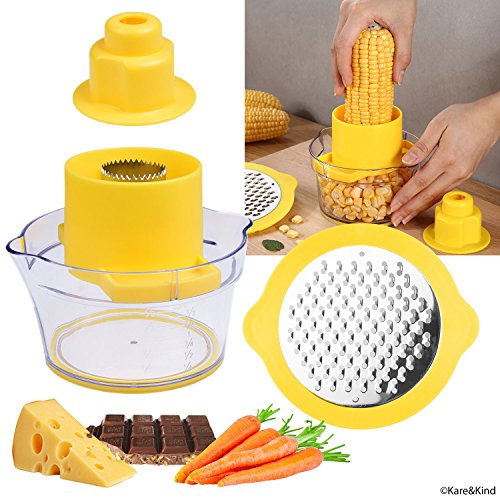 Corn Stripper/Potato Peeler and Fruit/Vegetable/Chocolate Grater with Measuring Bowl - Space Saving Design