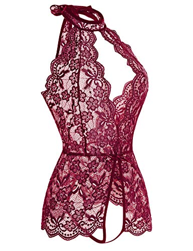 Ababoon Women One Piece Lingerie Lace Sexy Baby Dolls Teddy Sleepwear Wine Red