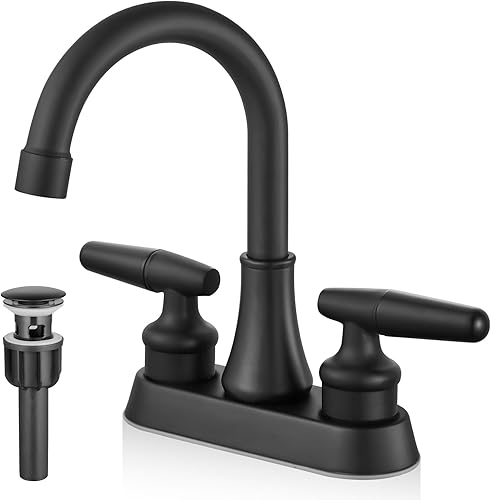 Cinwiny Grifo de lavabo central de 4 pulgadas, color negro mate, 2 asas, grifo giratorio de 360 grados, moderno montaje en cubierta, grifo de lavabo