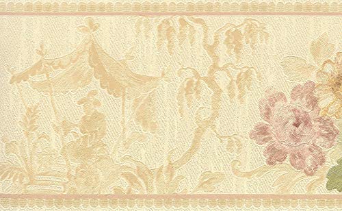 Dundee Deco BD6173 - Bordo per carta da parati preincollato, motivo floreale, beige, verde, oro con rose in fiore, design retrò, 4,57 m x 13,34 cm