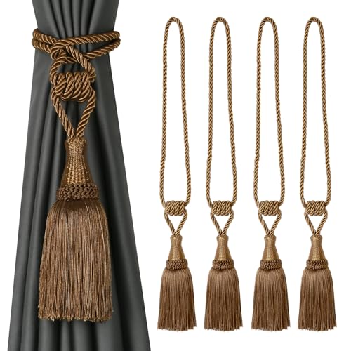 BEL AVENIR Curtain Tiebacks Handmade Holdbacks for Curtains Drape Decorative Tie Backs with Tassels(Coffee, 4 Pack)