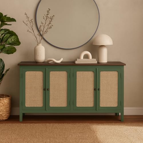 Image of Madrid 4-Door Cane Sideboard Solid Wood Cabinet in Olive Green & Off-White with Scratch-Resistant Top | Ideal for Crockery & Kitchen Storage