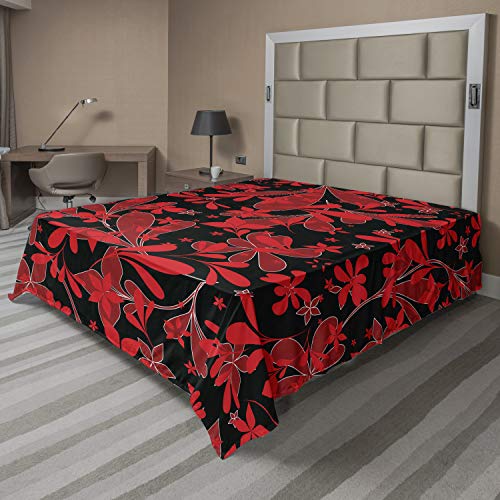 Ambesonne Red and Black Flat Sheet, Design Oceanic Island Flowers Petals Leaves Nature Art Print, Soft Comfortable Top Sheet Decorative Bedding 1 Piece, King Size, Ruby Black White