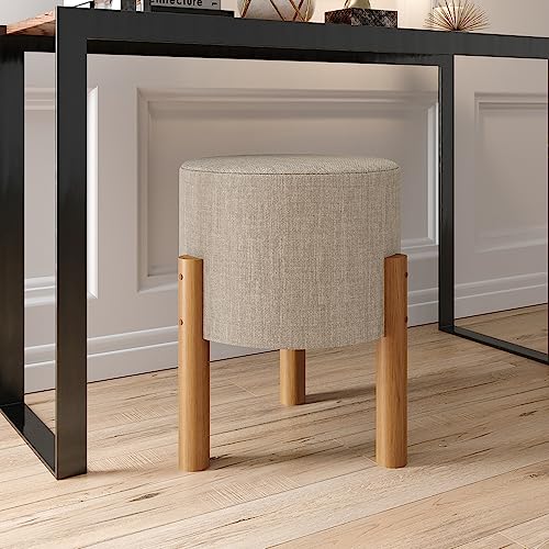 Puff Thor Luxo Redondo Pés Madeira Tecido Linho (Linho Bege)