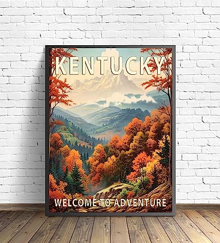 Kentucky Poster Art Print, Retro States Landscape Wall art Decor, Adventure Mountain and Scenery Painting for Bedroom, Living Room (Kentucky Scenery, 11x14 inches + (Black Frame))