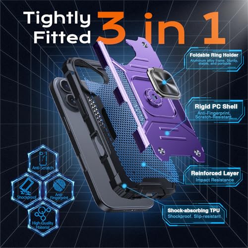 Image of Anqrp Heavy Duty Case for iPhone 16 Case with Enhanced Ring Holder Grip Stand, Military Grade Shockproof Rugged Drop Protective Silicone Hard Slim iPhone 16 Phone Case Cover,Purple