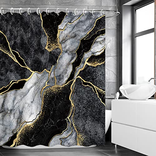 RosieLily Black Shower Curtain, Marble Shower Curtain, Abstract Shower Curtain, Black Marble Shower Curtains Set with 12 Hooks, Black Bathroom Decor, 72" Wx72 H