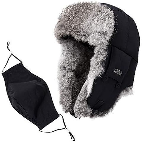 Comhats Black X-Large XL Winter Waterproof Earflap Trapper Hat Extra Big Heads Men's Rabbit Fur Lined Russian Ushanka Cover