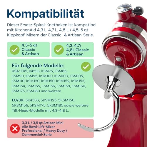 Edelstahl Spiral-Knethaken K45DH für KitchenAid 4.5-5 Quart Kippkopf-Standmixer Artisan & Classic Serie von MMOBIEL - Kneten von Brothakenaufsätzen - Mixen Zubehör Ersatz – Spülmaschinenfest