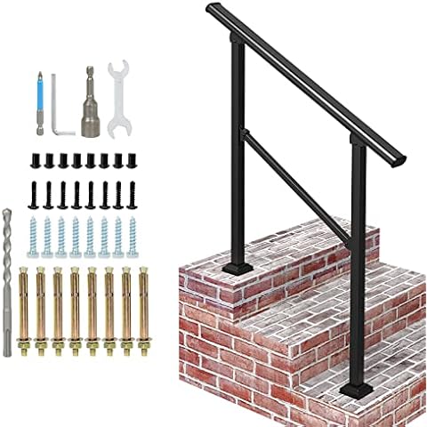 Signstek Handrails for Outdoor Steps, 3 Step HandRail Fit 2 or 3 Steps Outdoor Stair Railing, Metal Porch Railing, Deck Handrail, Black Wrought Iron Hand Rails kit for Concrete, Porch Steps, Upgrade Cover