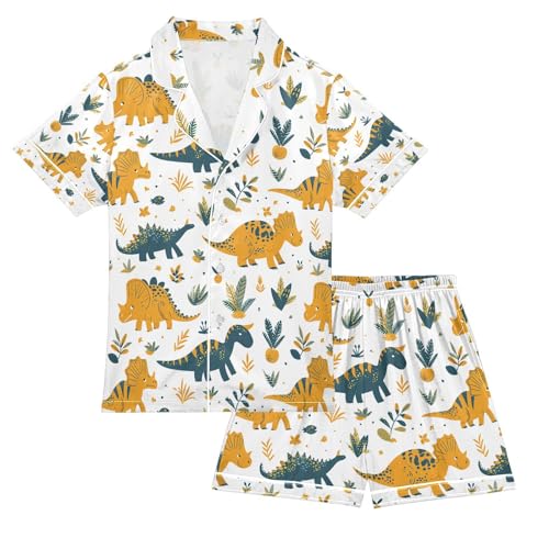 senya Garden Dinosaur Satin Summer Pajama Sets Silk Short Sleeve Button Down Sleepwear