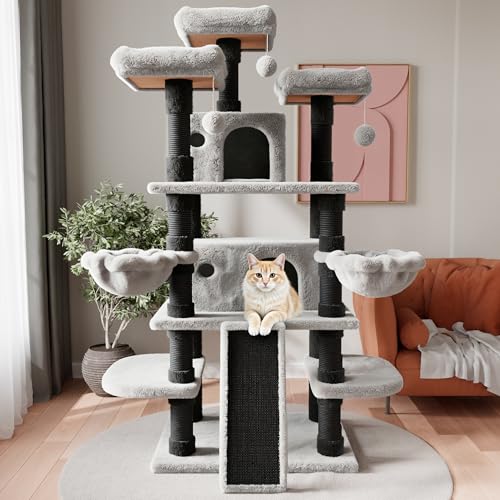 Image of SHA CERLIN 68 Inches Multi-Level Large Cat Tree for Large Kitties /Big Cat Tower with Condo /Cozy Plush Pussycat Perches /Sisal Scratching Posts and Hammocks /Activity Center /Black & Grey
