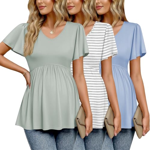 Product Image of the Ekouaer Maternity Shirts 3 Packs Flying Short Sleeve Maternity Tops V Neck...