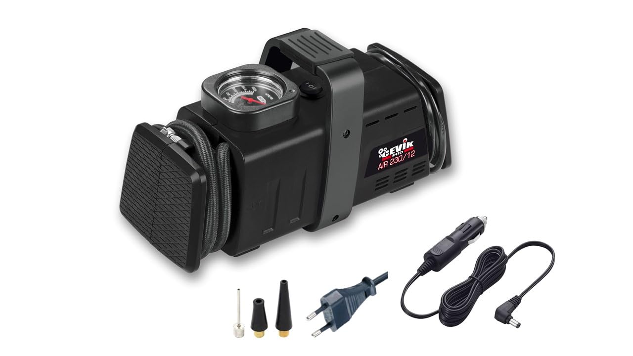 CEVIK PRO - CA-AIR230/12 - Compresor Aire Portátil Dual - 230V/12V - 13 l/min - Máx 7Bar - Compacto y Sin Mantenimiento - Ideal para Coche y Hogar - Inflado Rápido y Preciso