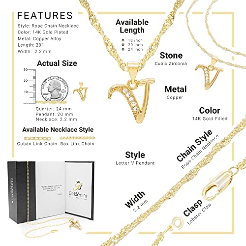 Beberlini Initial Letter Pendant 14K Necklace Gold Filled Cubic Zirconia Alphabet Cz Charm Rope Chain Set 20" Women Girl Teen #TOP3